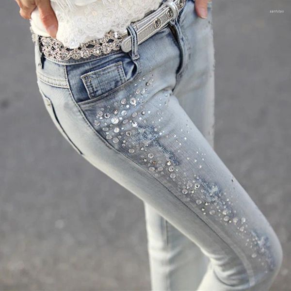 Jeans pour femmes dames raminestone diamant denim patns crant long vintage pantalon crayon skinny bleu clair