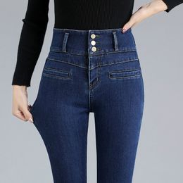 Damesjeans dames superhoge taille sexy skinny jeans winter retro blauw zwart dikke elastische denim potloodbroek 230306
