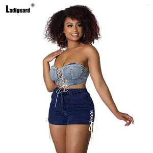 Jeans féminins Ladiguard 2024 Sexy Lace-up Denim Shorts Femmes High Cut Fashion Zipper Pocket Brève culotte surdimension