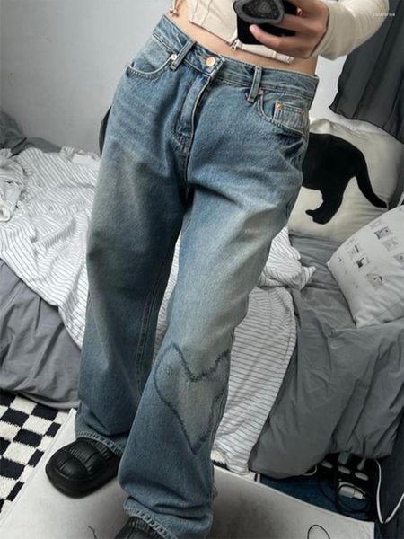 Jeans para mujer Últimas mujeres Pierna recta Love Denim Pantalones Casual Party Street Bolsillos Botones de cintura Otoño Primavera Azul suelto