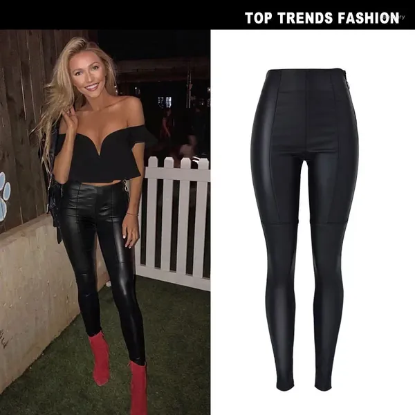Jeans pour femmes en cuir côté zipper haut taille slim fit élastique revêtement pug faux denim pantalon moto pour femmes