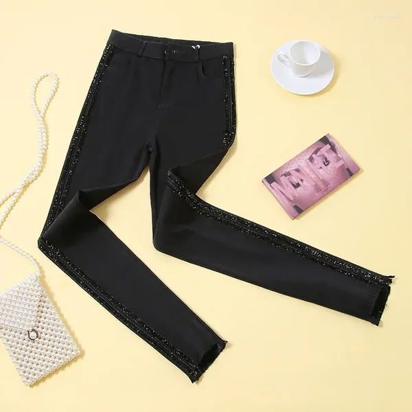 Leggings de jeans pour femmes usure femelle haute taille hauteur montre la lumière du côté mince légère étire étendue petit crayon pantalon noir