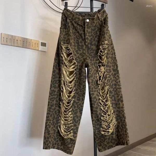 Jeans para mujer Leopardo para mujer Primavera 2023 Agujeros de cintura alta Lavable Mendigo Pierna recta Pierna ancha