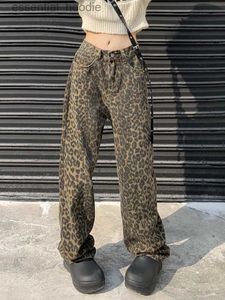 Damesjeans Leopard Jeans Dames High Taille Jeans American Retro Y2K Jeans Losse Street Style Direct jeans volledige jeans C240411