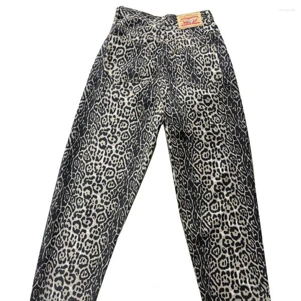 Jeans pour femmes léopard à motifs imprimés larges jambes larges pour femmes hommes rétro streetwear pantalon denim avec poches de houblon zipper