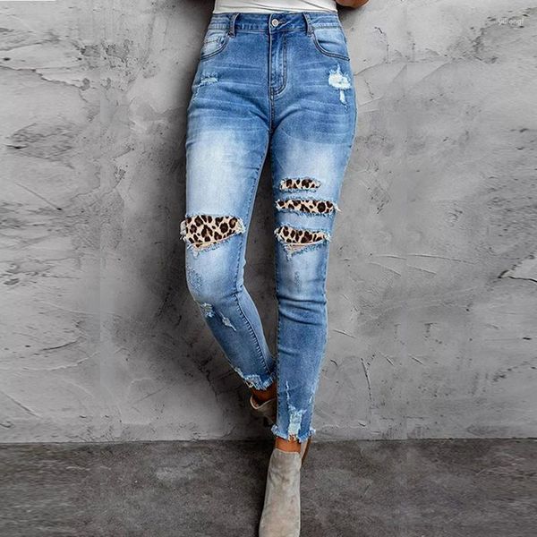 Jeans pour femmes, pantalon en Denim imprimé léopard, coupe Slim, rehaussement des hanches, Patch