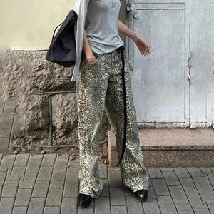 Damesjeans luipaardprint retro wijd been voor vrouwen mannen streetwear denim broek met hopzakken