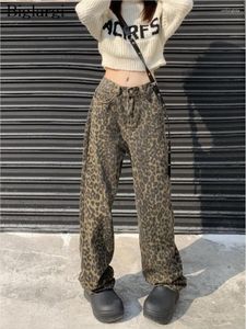 Pantalones vaqueros de mujer con estampado de leopardo, pantalones largos de primavera y otoño, pantalones holgados y plisados a la moda para mujer, pantalones rectos de cintura alta para mujer coreana