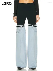 Jeans pour femmes LGRQ 2024 Mode d'été Taille haute droite Patchwork PU Cuir Boucle Streetwear Denim Pantalon Tide 17A2013H