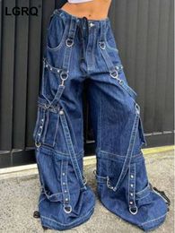 Damesjeans LGRQ Fashion Patchwork Losse hoge taille streamer grote zakken rechte denim broek vrouwelijk herfst 2023 19J2179 230105
