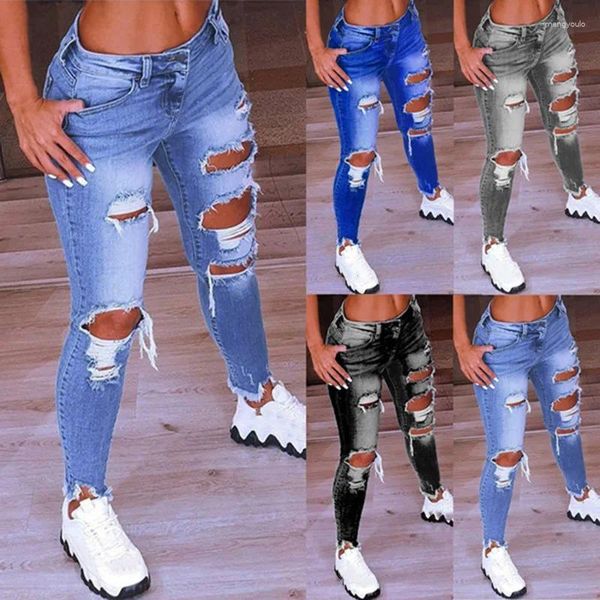 Jeans para mujer Azul claro rasgado para las mujeres 2024 Estilo de la calle Sexy Low Rise Pantalón desgastado Estiramiento Flaco Agujero Denim Lápiz Pantalones