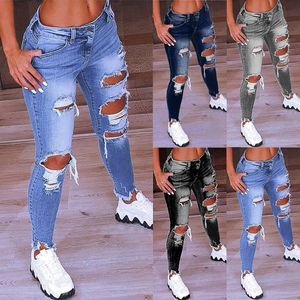 Dames jeans lichtblauw gescheurde vrouwen modestraatstijl sexy laag opkomende gekruiste broek stretch mager gat denim potloodbroek 2023