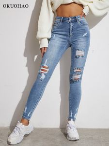 Jeans pour femmes bleu clair Sexy Skinny femmes Jeans Stretch bout à bout déchiré trou Denim pantalon dame vêtements filles pantalons serrés Y2K Streetwear 230413