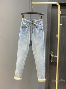 Jeans para mujeres Light Blue Skinny for Women 2024 Invierno de la cintura alta del invierno Pantalones de terciopelo delgada de terciopelo