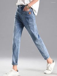 Jeans pour femmes courte courte coréense coréenne droite de la tendance du pantalon de neuf points à taille haute haute-taille