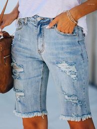 Jeans pour femmes Liooil Sexy Ripped Tassel Skinny Genou Longueur Pantalon Streetwear Femmes Taille Haute Avec Poches Bleu Coton Trou Denim Shorts