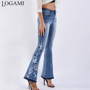 Jeans femme LOGAMI fleur broderie jean skinny femme vintage flare denim pantalon femme jean 220908