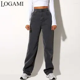 Jeans féminins Logami High Woman Straight Femme Casual Cublic pour femmes Streetwear 90