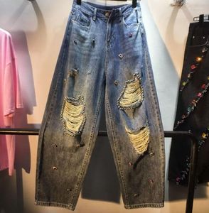 Jeans femme Long Denim pantalon 2023 printemps mode diamant perles trou taille haute pour femmes lavage cheville longueur pantalon droit