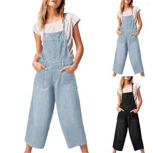 Damesjeans Losse denim overall Versie Bib Verstelbare riem Capribroek Wijde pijpen Coltrui met lange mouwen