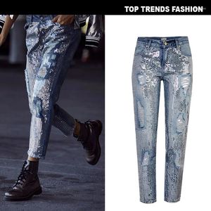 Jeans pour femmes pantalon recadré à jambe droite lâche séquençage brodé métallique lavé pour les trous en détresse