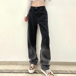 Jeans féminins lâches droites en 2024 Fashion Gradient High Waist Pocket Street Long Grey Casual Casual Denim Tablers Style Black