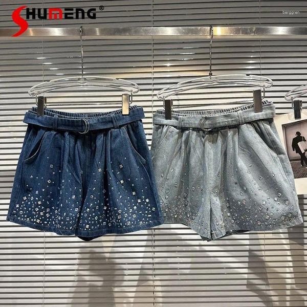 Jeans pour femmes lâches larges larges courte 2024 Summer Particule Hingestone Drive Design élastique Taie Baggy Denim Shorts Pantalon