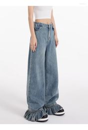 Damesjeans Lotus Leaf Design Vintage Cargo Pants vrouw recht wijd been casual 2023 Koreaanse mode baggy denim broekje y2k