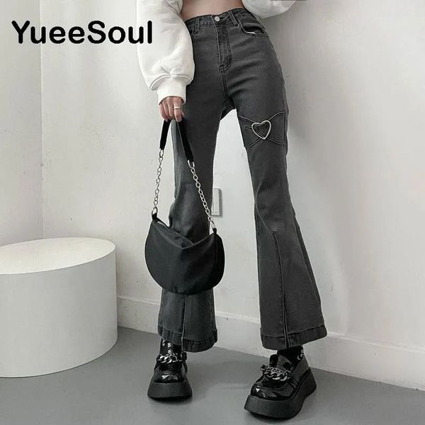 Jeans Femme Love Metal Gris Femmes Jenas Taille Haute Flares Pantalon Mode Y2K Vintage Mignon Doux Casual Années 2000 E Fille Vêtements Féminins 231115