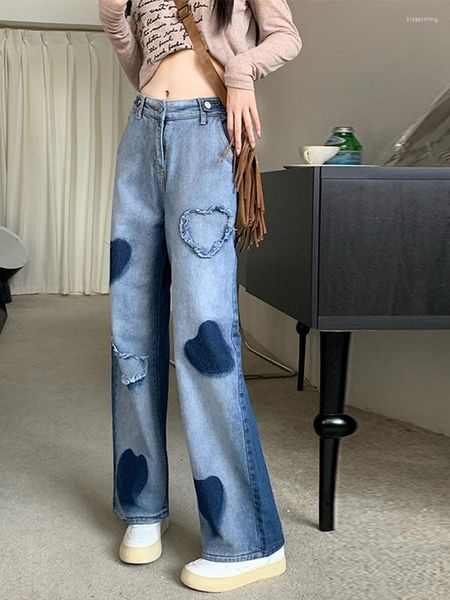 Jean femme Love Patch mode taille haute réglable boucle droite Vintage couleurs contrastées pantalon Denim pantalon