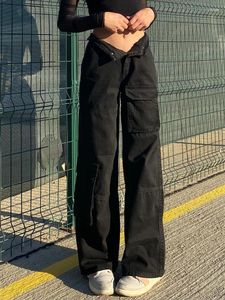 Jeans pour femmes basse hauteur noire Baggy Pocket Patchwork Straight Cargo Pantal