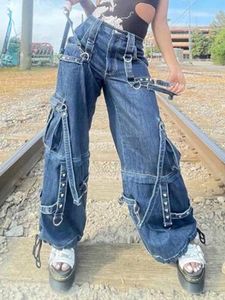 Jeans femme taille basse jambe large Baggy Rivet rubans poches femme Denim Cargo pantalon Street Punk Techwear 90s Baddie vêtements