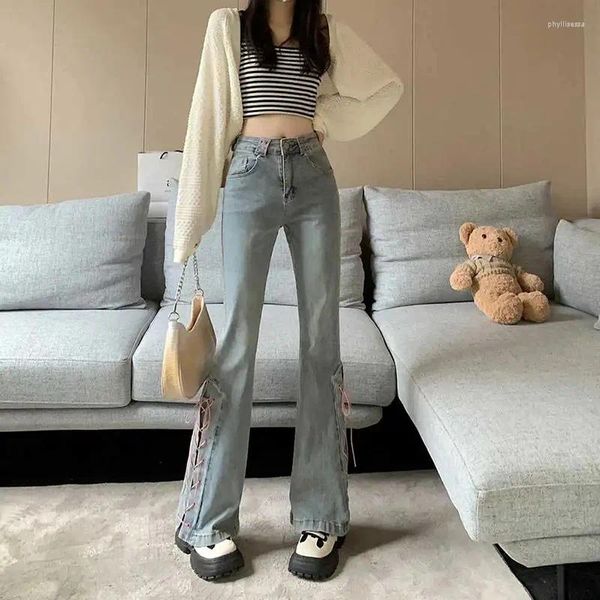 Jeans Femme Lucyever Light Blue Flare Femmes Vintage Streetwear Lace Up Y2K Denim Pantalon Femme Coréenne Taille Haute Pantalon Large Jambe