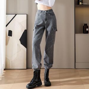 Jeans femme Lucyever femmes gris Denim Cargo pantalon mode Streetwear haute Wiast droite Harem femme automne hiver grandes poches