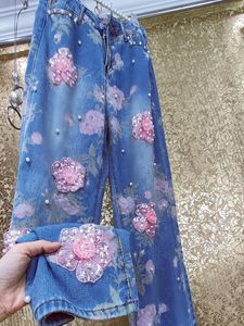 Damesjeans luxe handgemaakte kralenparels pailletten 3D bloemen borduurwerk full body roze bloemen denim broek brede benen broek