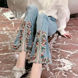 Jeans femme luxe femmes diamants perlé Flare printemps doux strass Denim pantalon cristaux colorés fendu Bootcut pantalon