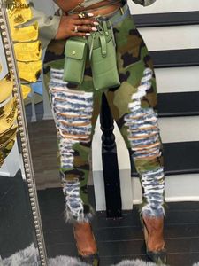 Jeans femme LW haute extensible trous cassés Camouflage imprimé jean taille haute fermeture éclair Denim pantalons de rue femmes mode streetwear pantalonC24318