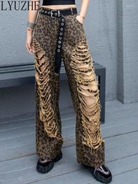 Damesjeans Lyuzhe Trendy Cool Fashionable Gepersonaliseerde Gele Leopard Print Denim Wide Leg Pants Women 2024 Zomer Vrouw ZXF423A