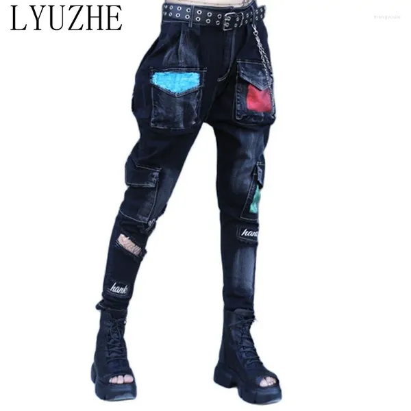 Jeans pour femmes Lyuzhe Femmes 2024 printemps automne mode petit pieds de style rue Couleur de la rue Multi-poche pantalons harem embellis181l