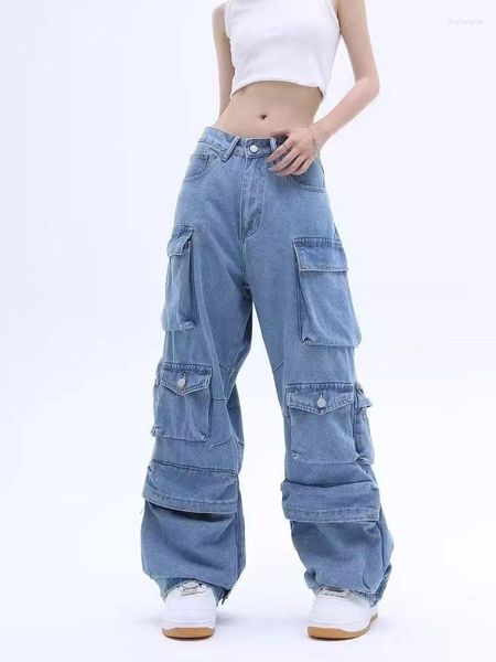Jeans pour femmes, nombreux modèles de poches, taille haute, pantalon rétro décontracté, bleu, Vintage, rue américaine, pantalon droit en Denim