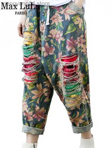 Damesjeans Max Lulu 2021 Nieuwe zomerontwerp Vrouwen gescheurd vintage bloemen jeans dames gedrukte gaten cross-pants vrouwelijke oversized broek T230530