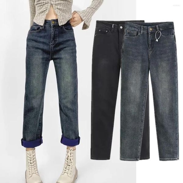 Jeans pour femmes Maxdutti hiver peluche chaud mode filles polaire lavé vintage pantalon en denim droit femmes