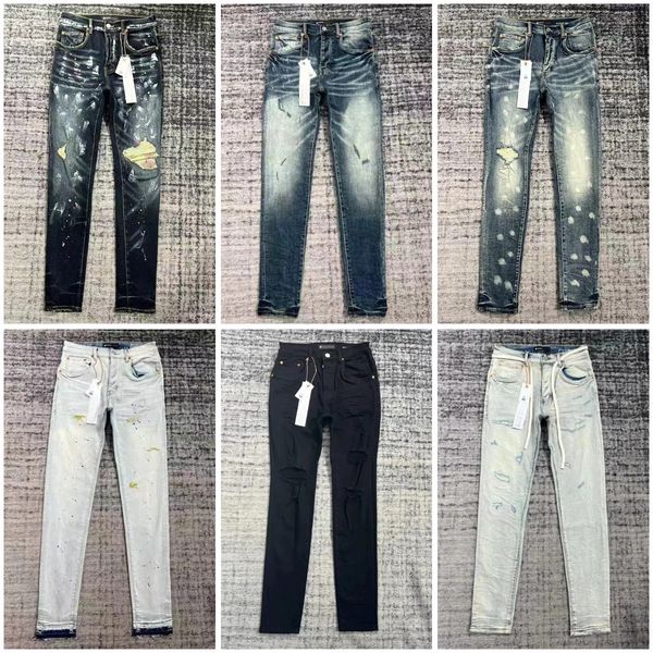 Jeans para mujer Diseñador de hombres Jeans ajustados Moda de verano Pantalones de chándal elásticos Pantalones morados de lujo Patrón de estrellas casual Ropa de calle rasgada de gran tamaño