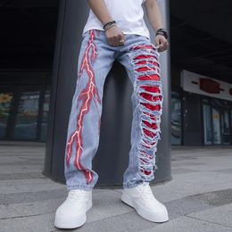 Jeans pour femmes Mens Stretchy Lightning Baggy pour hommes Cracked Streetwear Trous Ripped Patchwork Denim Casual Pantalon Slim Skinny Pantalon 231205