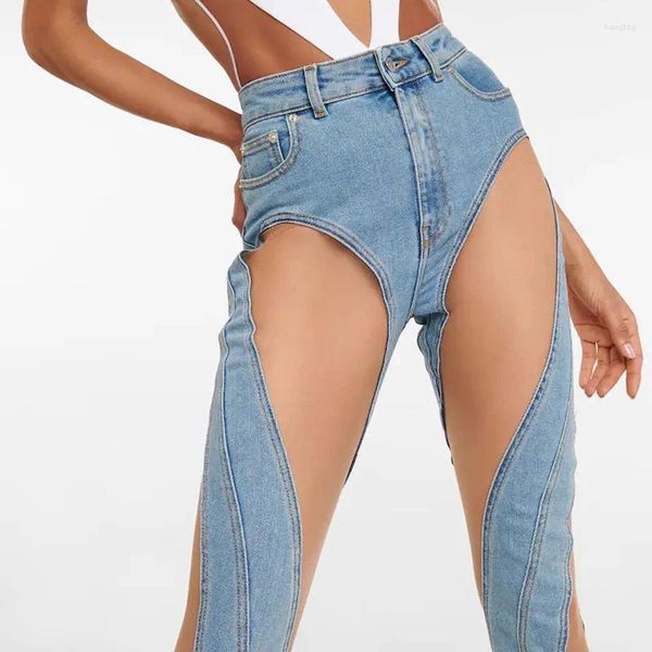 Jeans pour femmes maille épissage évider pour les femmes mode sexy trou pantalon mince taille haute conception en spirale femme denim