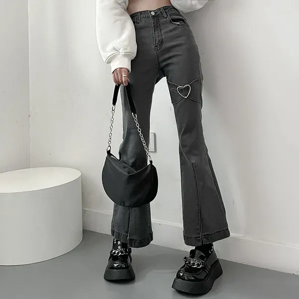 Jeans pour femmes Métal Gris Femmes Jenas Taille haute Pantalons évasés 2023 Mode Y2K Vintage Mignon Doux Casual Années 2000 E Fille Vêtements Féminins