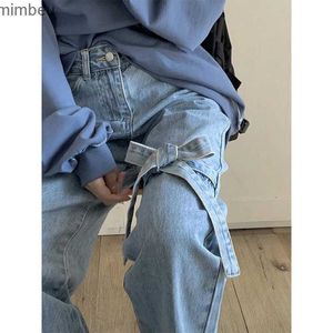 Women's Jeans MEXZT-pantalones vaqueros con lazo para mujer, ropa de calle, estilo Harajuku, estilo vendaje, de pierna ancha, estilo coreano, rectos, informales, de cintura alta, nuevoC24318