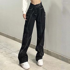 Jeans pour femmes mexzt y2k ceinture de femme streetwear hauteur de taille haute pantalon en denim de jambe gothique bandage académique sombre pantalon décontracté baggy