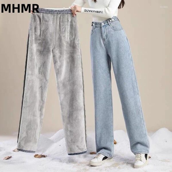 Jeans para mujer MHMR Mujeres Invierno térmico Nieve Cálido Felpa Estiramiento Lady Flaco Espesar Fleece Estudiantes Pantalón Mujer Retro Azul Pantalón