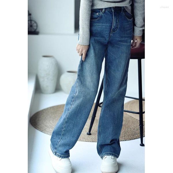 Jeans pour femmes MICOCO N6361C Lavé Blanc Sol Scratch Lâche Taille Haute Mince Velours Jambe Droite Denim Pantalon Femmes Casual Tout